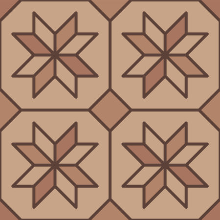 Brown pavement top view pattern, street cobblestone, garden sidewalk tile surface with contrasting hues. Vector laminate flooring, alley path, ground layout with decorative stars or flowers inlayのイラスト素材