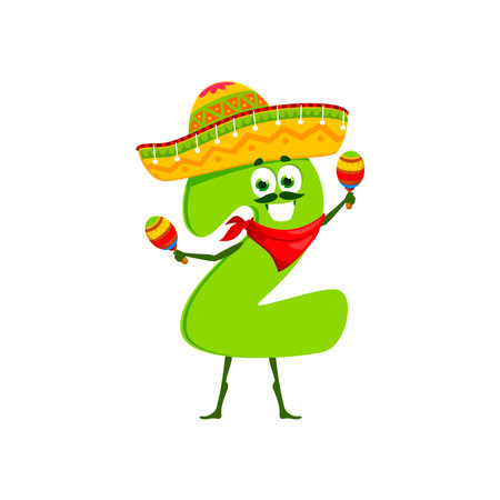Cartoon funny math number two character mariachi musician in sombrero playing maracas. Isolated vector educational cheerful 2 sign personage ready for kids preschool education, game or fun learningのイラスト素材