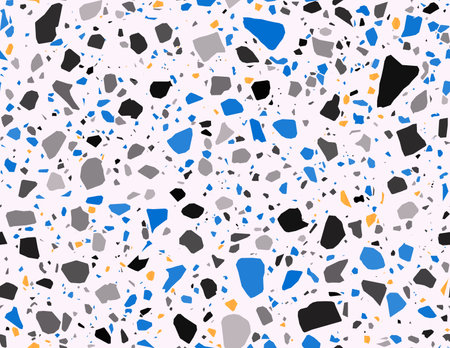 Terrazzo blue, yellow, gray and black ceramic tile pattern, terazo or terazzo mosaic, vector background. Terrazo marble stone floor texture of color ceramic pieces or broken marble stones for interiorのイラスト素材
