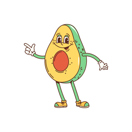 Cartoon groovy avocado character with happy face, vector hippie art or hipster style. Groovy funny avocado fruit smiling, comic character in retro hippie graphic for kids personage and t-shirt printのイラスト素材