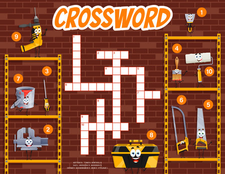 Crossword quiz game grid, cartoon DIY and repair tool characters, vector worksheet. Kids crossword game to guess words of funny tools for carpentry and woodworking, drill and paintbrush and spatulaのイラスト素材