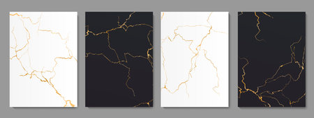Golden kintsugi cracks, white and black floor marble tile texture pattern. Vector vertical backgrounds intertwine graceful veins and golden seams, embodying the Japanese aesthetic of wabi-sabiのイラスト素材