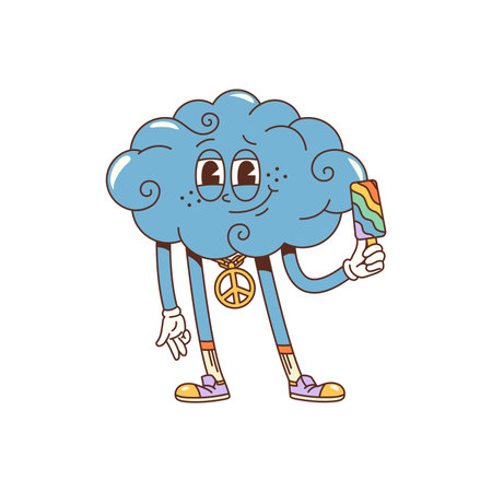Cartoon groovy cloud character in hippie style with rainbow ice cream, vector comic funky art. Funny smiling groovy cloud in hipster style with hippie pacifist sign on necklace for retro t-shirt printのイラスト素材