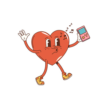 Cartoon groovy heart character, whistling melody with happy face, vector hippie art or hipster style. Groovy heart walking with retro player and singing song for oldschool art or t-shirt printのイラスト素材