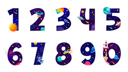 Cartoon galaxy space numbers and funny math game elements, vector numerals. Space font numeric symbols or numbers from 1 to 0 with space rockets, planets and alien UFO or asteroids for kid math gameのイラスト素材
