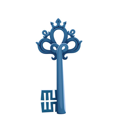 Cartoon ancient key. Isolated vector weathered and mysterious silver key bears the marks of time and history, its intricate design whispers tales of forgotten secrets and unlock the doors to the pastのイラスト素材