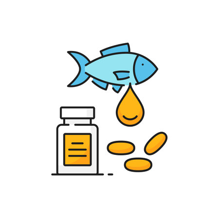 Fishing industry fish oil capsules line icon. Healthy nutrition, diet vitamins and Omega 3 natural source, food supplement outline vector icon. Seafood product line pictogram with fish oil pillsのイラスト素材