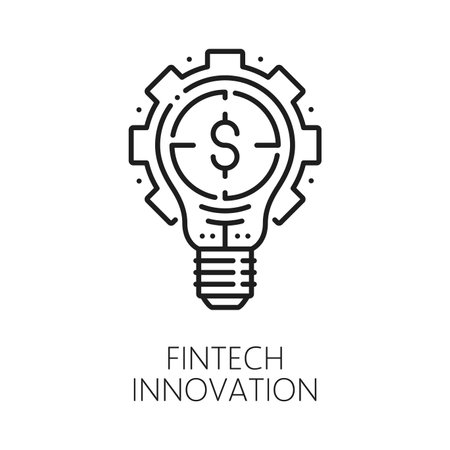 Fintech innovation, blockchain technology, cryptocurrency startup idea thin line icon. Business startup, online commerce and finance fintech linear vector icon with cogwheel, lamp bulb and dollar signのイラスト素材