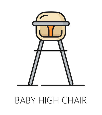 Baby high chair. Furniture icon, home interior. Apartment furniture outline pictogram, household item for kid or room interior element thin line vector sign, baby chair symbolのイラスト素材