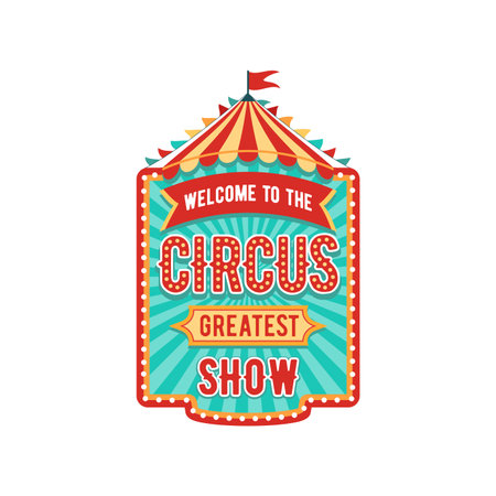 Retro tent circus sign and vintage carnival signboard, invitation to show, isolated vector banner or tag. Festive welcome label for entertainment with canopy, big top tent, flag, and striped marqueeのイラスト素材
