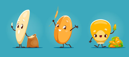Wheat, rice and corn grain cartoon characters, happy funny cute cereal food, vector kids personages. Wheat and rice with flour bag, maize or sweetcorn kernel with corn cobs for snacks or food packageのイラスト素材
