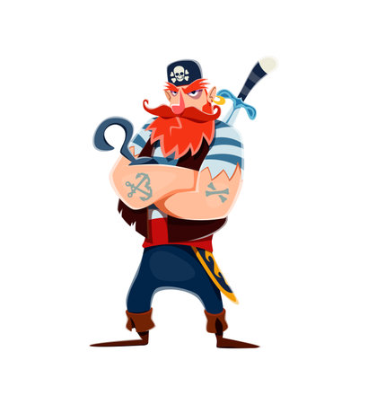 Cartoon pirate sailor character with hook and sword. Funny pirate vector personage of red bearded man wearing black bandana with crossbones skull and vest. Angry corsair standing with crossed armsのイラスト素材