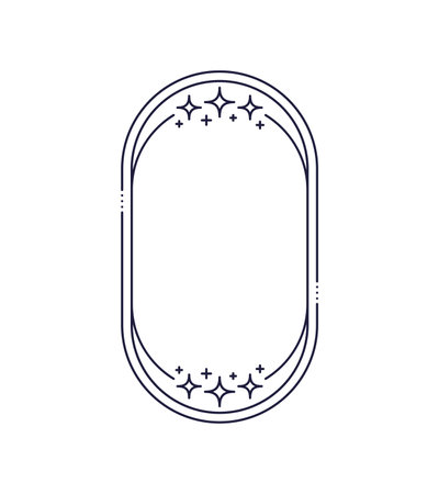 Minimal line oval frame border with star twinkles and sparkles, vector boho decorative element. Modern line art geometric frame in shape of rectangle with rounded edges and minimalist stars ornamentsのイラスト素材