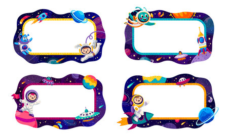 Border frames with space planets, stars, spaceships and astronauts at starry galaxy. Vector spaceman kids and aliens characters with rocket and UFO in outer space cartoon frames set, astronomyのイラスト素材