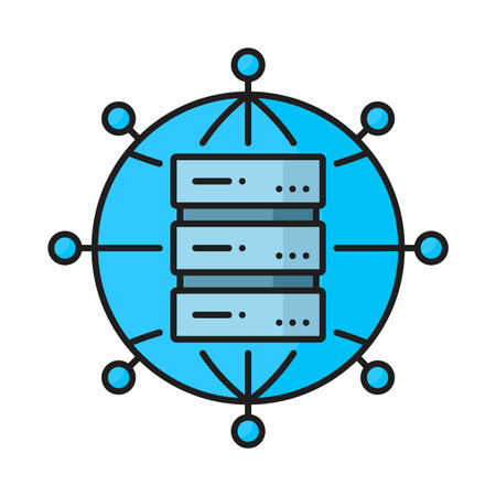 Database server and data network color icon, internet cloud storage, outline vector symbol. Digital data storage and distribution server for information and files exchange in cloud network, line iconのイラスト素材