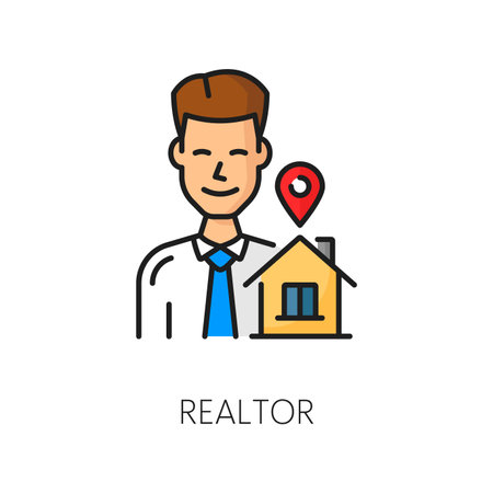 House mortgage, real estate rent, apartment insurance linear color icon. House loan service thin line pictogram, apartment rent or sale company outline vector symbol or icon with realtor characterのイラスト素材