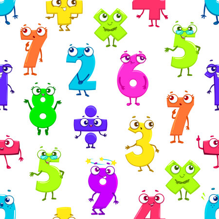 Cartoon funny math number characters seamless pattern. Fabric or wallpaper, wrapping paper vector print with mathematics numbers, kids education digits or school math numeric symbols cute personagesのイラスト素材