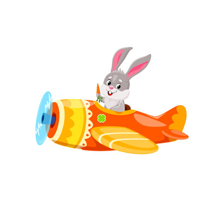 Cartoon baby bunny animal character on plane. Animal kid airplane pilot. Isolated vector adorable rabbit joyfully soars through the sky on whimsical plane, ears flapping, carrot in hand, eyes excitedのイラスト素材