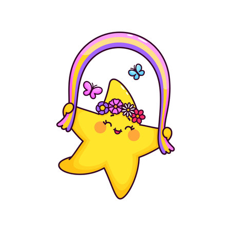 Cartoon cute funny kawaii star and twinkle character joyfully jumps with a rainbow rope. Isolated vector celestial toon adorned with flowers wreath spreading whimsical playful energy among butterfliesのイラスト素材