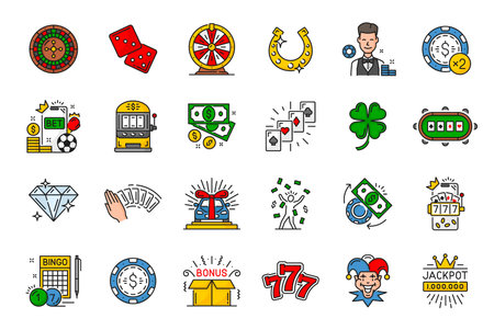 Casino line icons, vector roulette, dice, lucky wheel and horseshoe. Croupier, chip, slot machine and money bills or coins, Playing cards, clover, brilliant and car prize. Bingo, joker and jackpot winのイラスト素材