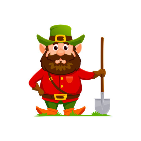 Cartoon gnome or dwarf gardener character with spade. Isolated vector whimsical personage in a pointy hat and vibrant attire, cheerfully wields a shovel, ready for working in the enchanted gardenのイラスト素材