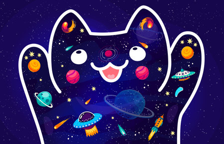 Space cat, cute vector celestial feline silhouette adorned with galaxies, stars, and planets, embodying the cosmic essence within its graceful contours, a whimsical fusion of earth and the Universeのイラスト素材