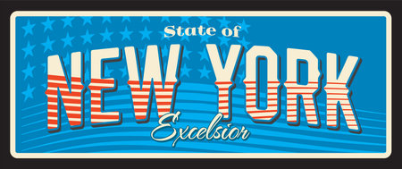 New York USA imperial state old metal travel plate. American tourism souvenir sign, retro billboard. Vector . Albany capital, New York City vintage plaque inscription typography, state of excelsiorのイラスト素材