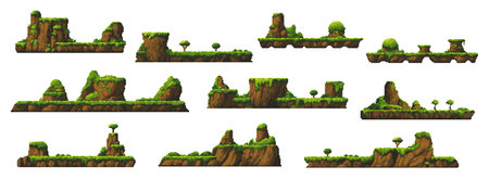 8bit arcade pixel art game, rain forest and mountain jungle platforms, cartoon vector. Arcade game elements of mountain rocks with jungle trees and rainforest valley for game level map interfaceのイラスト素材