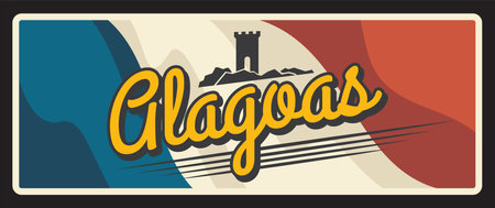 Alagoas state Brazil province retro travel plate. Maceio capital signboard, brasil estados community land metal plaque with city tagline, flag and landmark.のイラスト素材