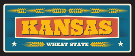 Kansas wheat state metal travel plate , vintage american plaque. Vintage sign for travel destination, retro board with typography and ears of wheat. Topeka capital, Wichita city billboardのイラスト素材