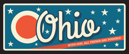 Ohio US state retro travel plate, retro board, postcard, signboard Columbus capital. Vector touristic plaque. Motto with gold old things are possible, vintage banner. Sign for travel destinationのイラスト素材