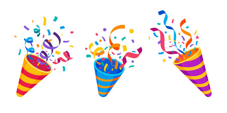Birthday party popper cone firecracker with confetti and ribbons, cartoon vector icons. Holiday, carnival or festival and celebration pop cracker or party popper cone with stripes and stars confettiのイラスト素材