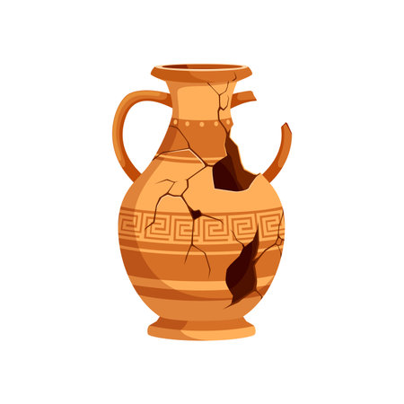 Ancient broken pottery and vase. Old ceramic cracked pot and jug. Isolated vector fragmented, patterned remnants of clay urn bear the scars of time, revealing the craftsmanship of bygone civilizationsのイラスト素材