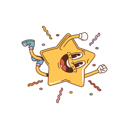 Cartoon star groovy character bursts with vibrant hues, radiating joy and energy. Isolated vector retro jubilant twinkle personage leap, exudes infectious enthusiasm, spreading cheer and joyous moodのイラスト素材