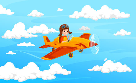 Boy kid flying on plane or child pilot on airplane in cloudy sky, cartoon vector background. Kid pilot flying on propeller plane in aviator helmet with goggles for boy aviation dream or kid gameのイラスト素材