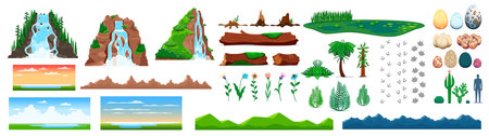 Dinosaur Jurassic era environment game assets, vector waterfall cascade and lake, mountains and river. Dino eggs and footprint fossil, sky and flowers, fern, stumps and logs for dinosaur arcade gameのイラスト素材