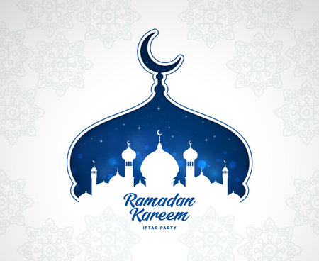 Ramadan Kareem iftar party banner with Muslim mosque dome silhouette, vector invitation card. Islam religious holiday iftar fasting, arabesque pattern background with crescent moon and star on mosqueのイラスト素材