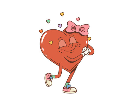 Cartoon retro valentine groovy girl heart character with dreams. Isolated cute vector dreaming holiday romantic personage, feeling love, admiration, and nostalgic loving thoughts during festive seasonのイラスト素材