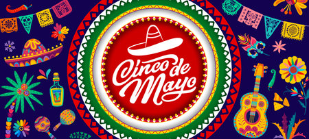 Cinco de Mayo paper cut mexican holiday banner. Mexican celebration invitation card, latin holiday flyer or Cinco de Mayo party vector background with guitar, sombrero, papel garland and flowersのイラスト素材