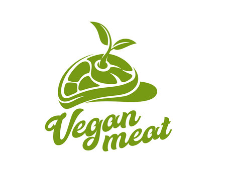 Vegan meat icon, vegetable plant steak. Isolated vector stylized silhouetted emblem with green leaf or sprout growing from of meatless beef cut. Organic plant-based cuisine, healthy vegetarian foodのイラスト素材