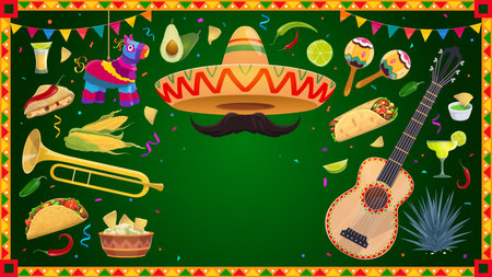 Mexican holiday banner frame with guitar and maracas, sombrero and pinata, national cuisine food. Vector border with traditional authentic festive items of Mexico, instruments, decor and tex mex foodのイラスト素材