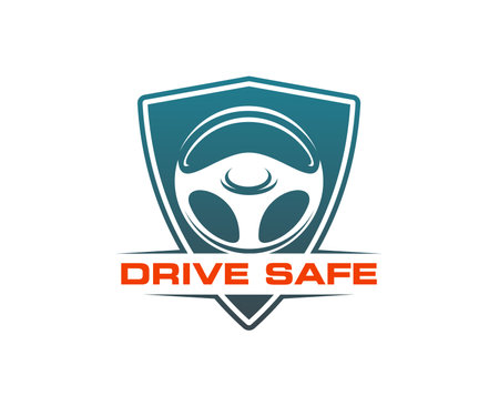 Safe drive icon, driving school symbol, features car steering wheel inside of protective shield, symbolize driver safety and caution. Isolated vector emblem of secure vehicle transportationのイラスト素材