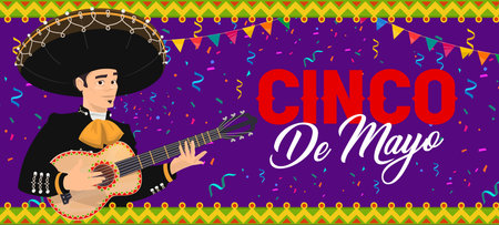 Cinco de Mayo holiday banner with mexican mariachi musician and confetti background. Mexican national holiday party invitation card, Cinco de Mayo carnival vector banner with mariachi man in sombreroのイラスト素材