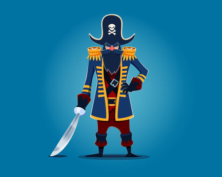 Cartoon pirate captain character in tricorn hat. Isolated vector swashbuckling sea corsair rover personage with rugged beard, holding gleaming saber, ready for high-seas adventures and treasure huntsのイラスト素材