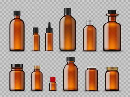 Amber bottles, cosmetic oil and pharmaceutical mockups of brown glass, vector jars. Amber bottles or medicine and pharmacy vials with pipette dropper and black rubber cap for essential oil or syrupのイラスト素材