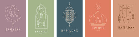 Ramadan Kareem greetings with Muslim mosque, crescent moon, stars and Arabian lanterns, vector banners. Islam religious holiday Ramadan Kareem in thin line art mosque and Arabic lantern lampsのイラスト素材