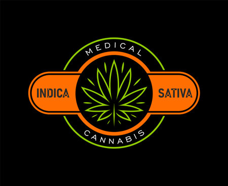 Cannabis marijuana icon of medical CBD weed leaf for pharmaceutical drug, vector symbol. Medical cannabis sativa label with green leaf in circle, CBD therapy oil drops and smoking cigarette labelのイラスト素材