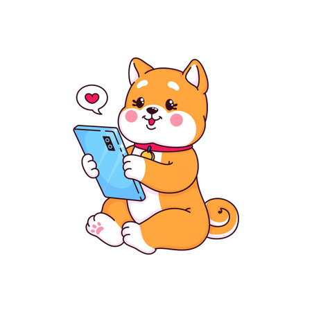 Cartoon Japanese happy shiba inu puppy dog character with smartphone, cute kawaii pet personage. Isolated vector cheerful pup capturing the essence of modern cuteness with its tech-savvy demeanorのイラスト素材