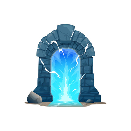 Fantasy game cartoon magic portal ancient door. Fantastic world portal, fairy planet vortex or parallel dimension stone door teleport computer game, arcade level environment isolated vector assetのイラスト素材