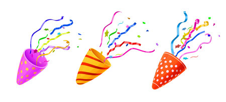 Firecracker or holiday birthday party popper striped cone with confetti and stars. Isolated cartoon vector vibrant shooters burst of joy, releasing festive ribbons to celebrate the special occasionのイラスト素材